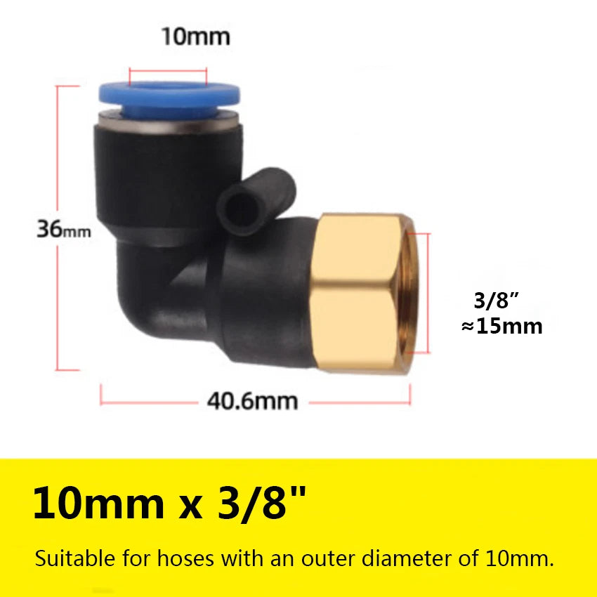 90° Elbow Push-to-Connect Pneumatic Fitting — 4mm to 12mm Hose OD, Female Thread