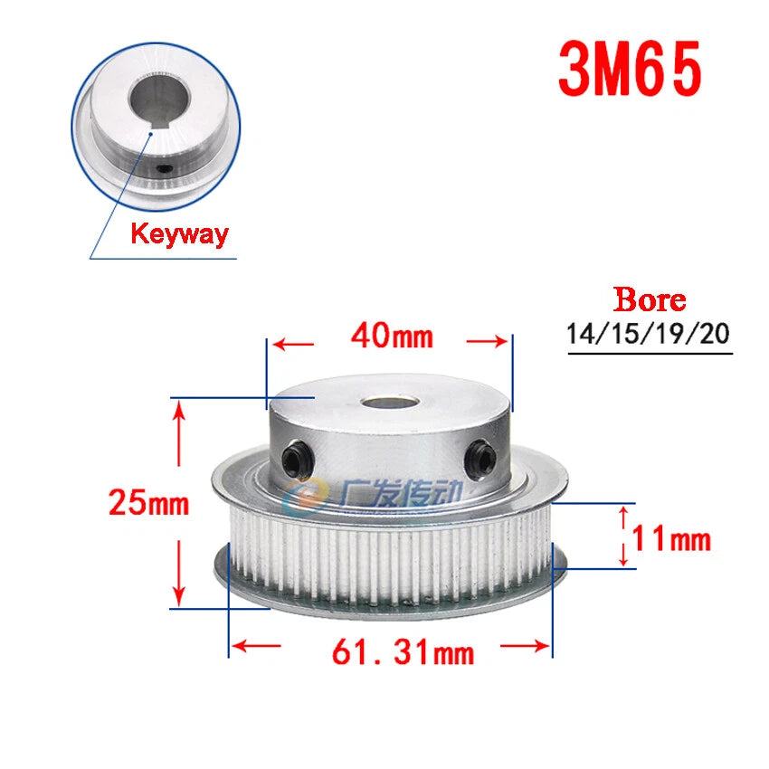 3M 20T-100T Timing Belt Pulley With Step/Keyway, Bore 8-25mm,For 10mm Width Belt