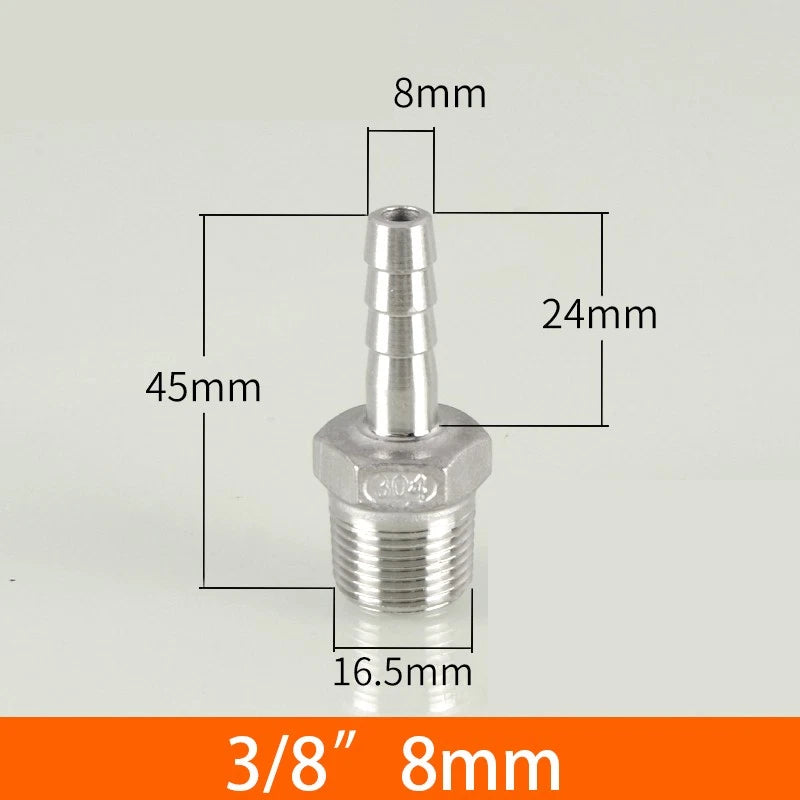 Stainless Steel BSP 1 8"-3 8" Male Thread Fitting x Barb Hose Tail End Connector
