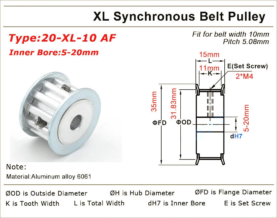 10-40Teeth XL Synchronous Pulley 3-25mm Timing Belt Width 11mm 3D Printer Drive