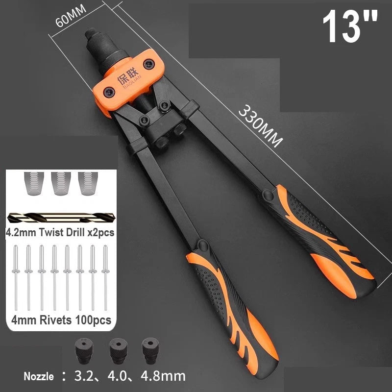 8"-17" Heavy Duty Hand Pop Rivet Gun Tool Kit With Rivets 4 Nozzle Head Wrench