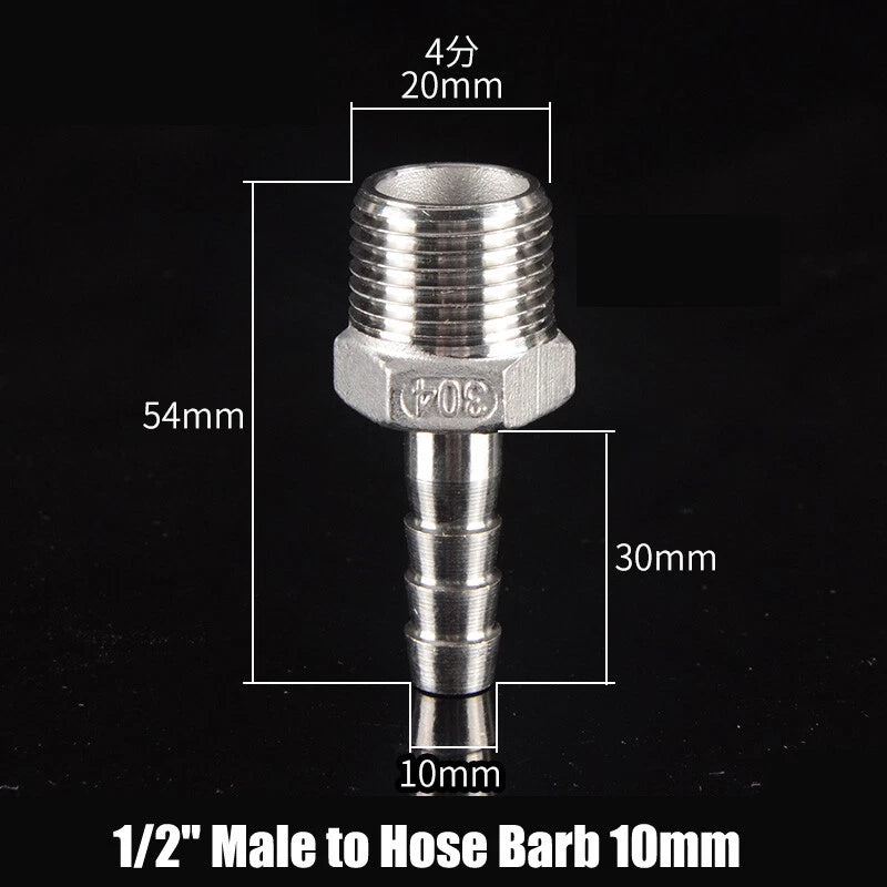 BSP Stainless Steel Male Hose Barb Fitting — 1/2" & 3/4" to Barb Connector