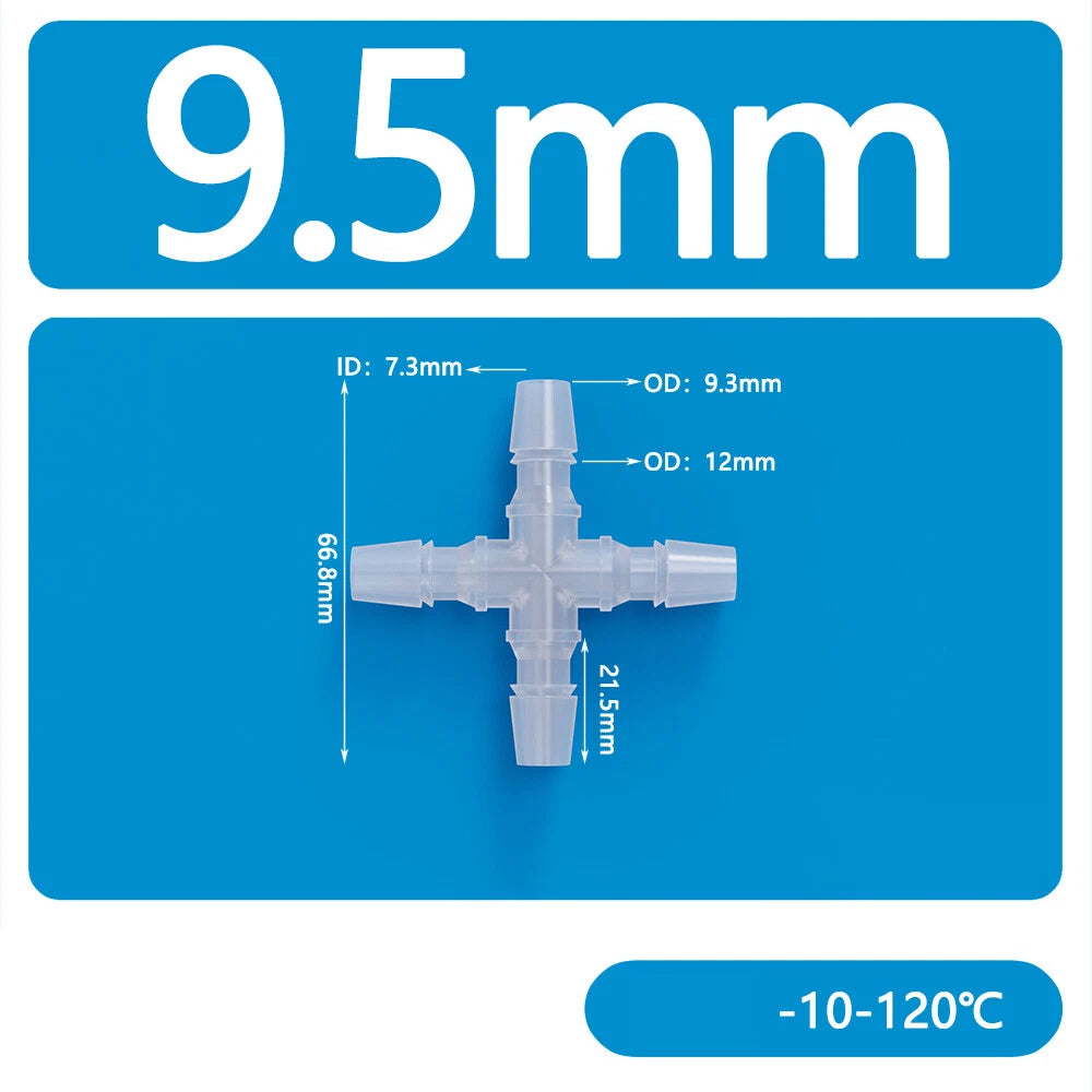 4-Way Plastic Hose Connector — Cross & Slant Equal Joint, OD 2.4mm–12.7mm
