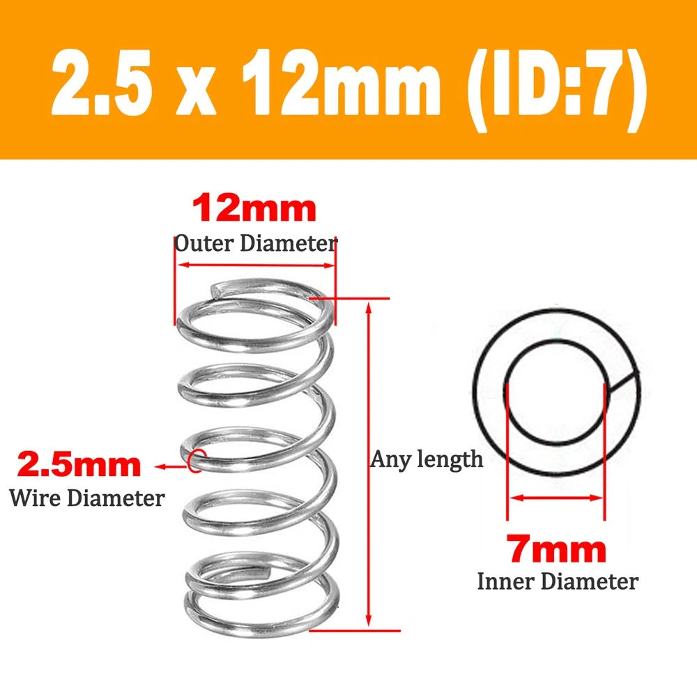 304 Stainless Steel Compression Spring Wire Dia 2.5mm, L 20-100mm, OD 12-36mm