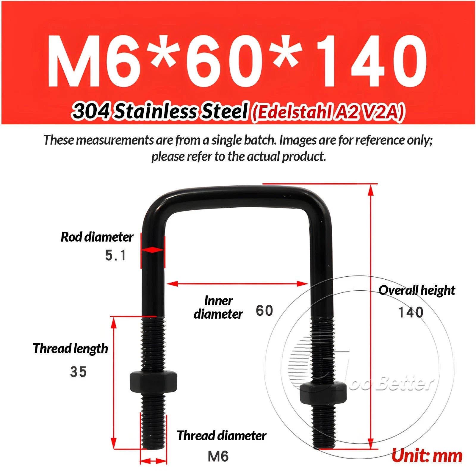 M6 M8 M10 Square U-Bolts Black 304 Stainless Steel with Nuts For Boat Trailer
