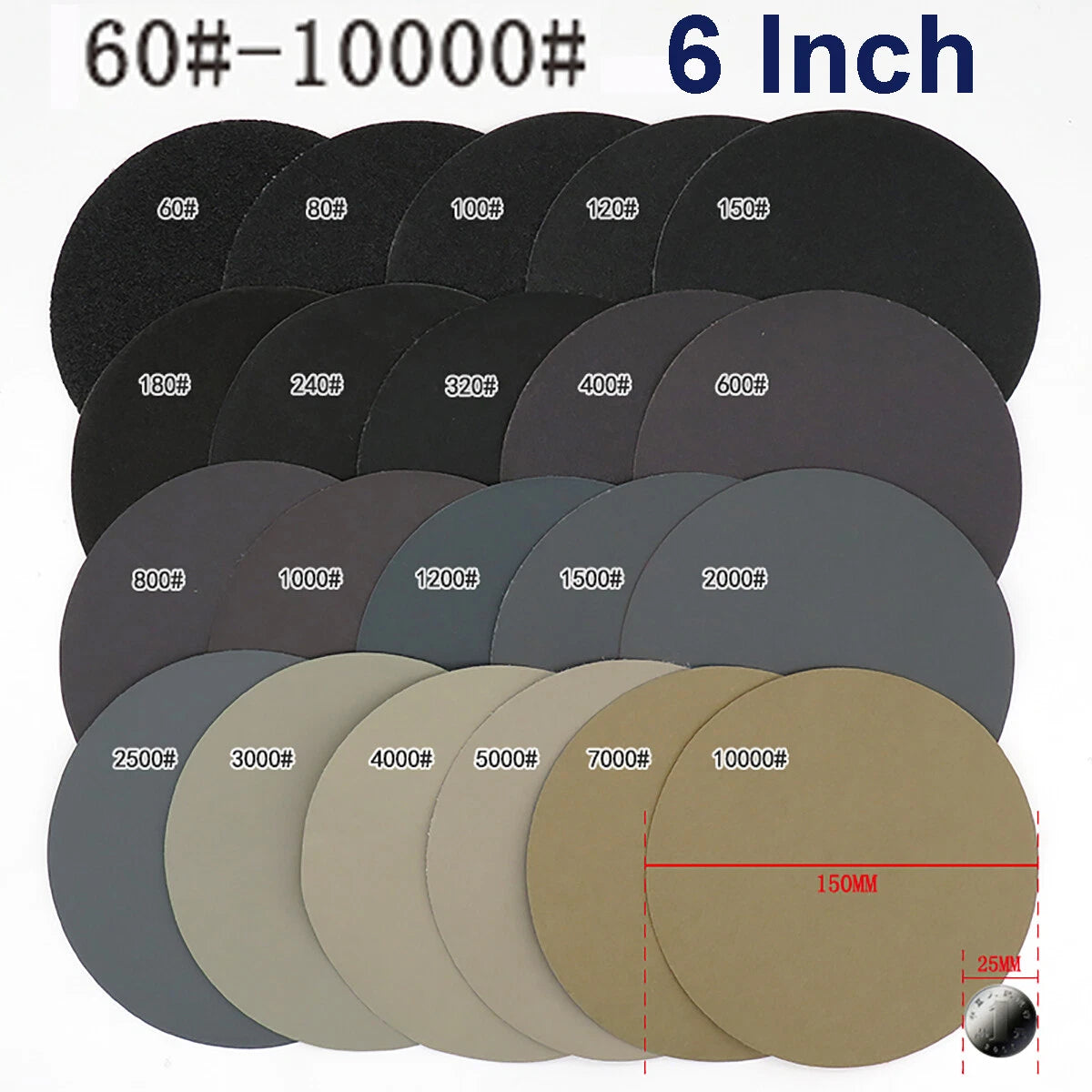 150mm 6" Wet or Dry Hook & Loop Sanding Discs P60-P10000 Grit Sandpaper DA Pads