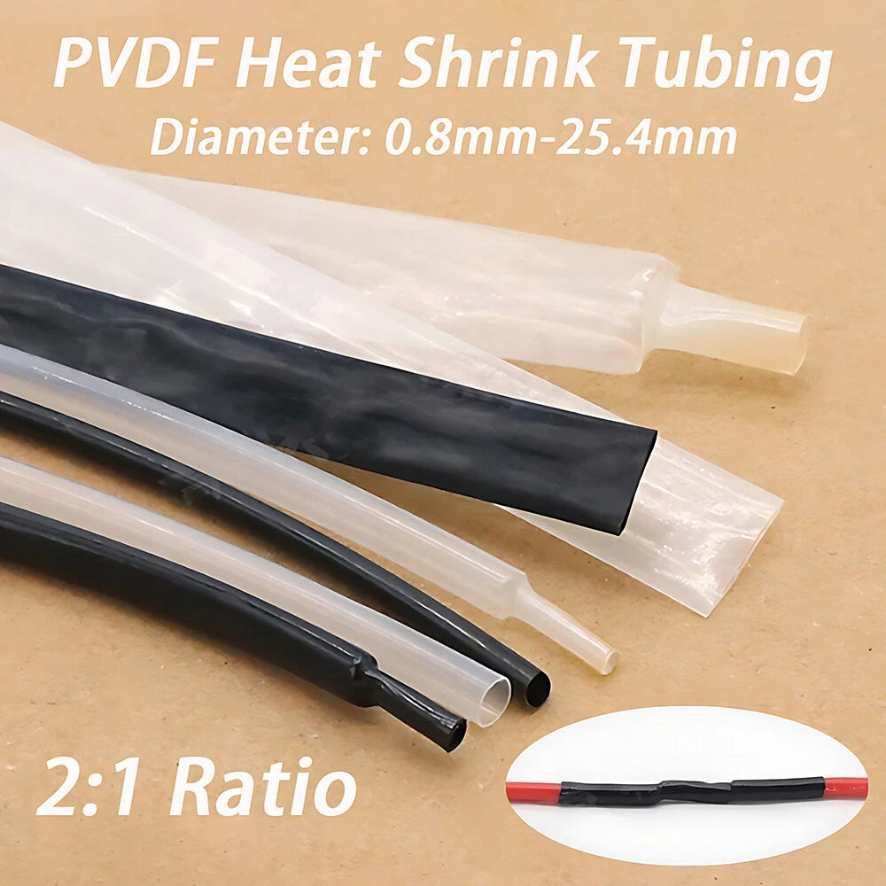 PVDF Heat Shrink Tubing 2:1 — Black & Clear, Ø0.8mm to Ø25.4mm