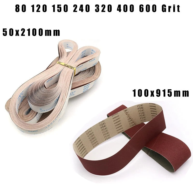 100x915mm 50x2100mm Sanding Belts — P80 to P600 Grit Aluminum Oxide for Metal Wood Surface Prep