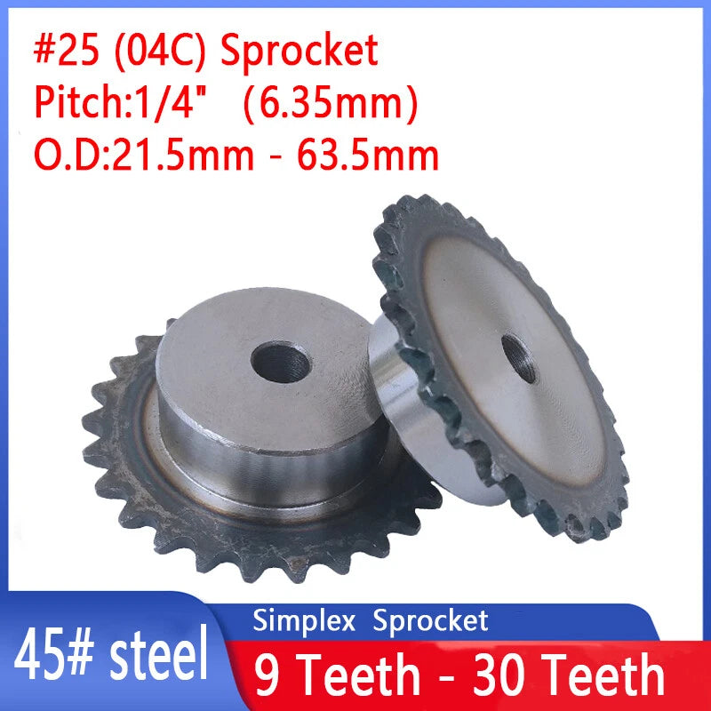 Simplex Sprocket Wheel for #25 (04C) Roller Chain, 9T-30T, Pitch 1/4" (6.35mm)