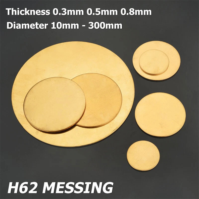 H62 Brass Round Sheet Solid Plate Metal Disc Thickness 0.3/0.5/0.8mm OD 10-300mm