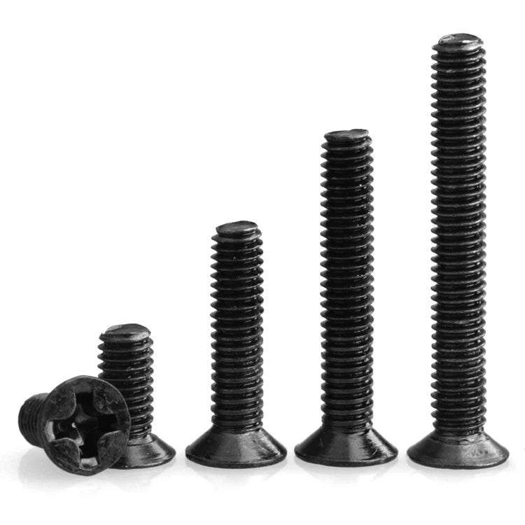 M2 M2.5 M3 M5 Black Phillips Countersunk Machine Screws – Carbon Steel, Fully Threaded