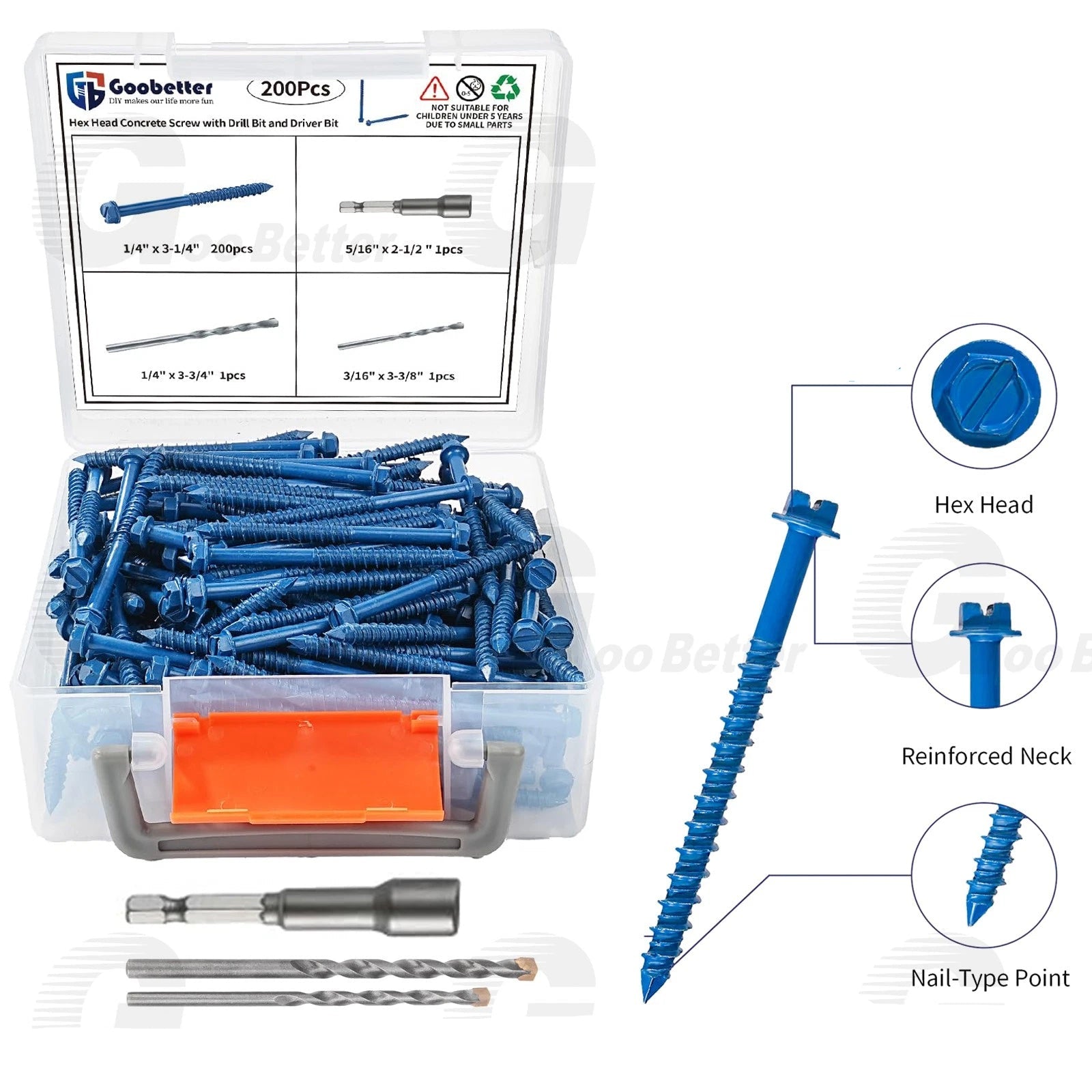 200pcs Concrete Screws Masonry Brick Tapscrews Hex Multi Drive Head Blue Tapcon