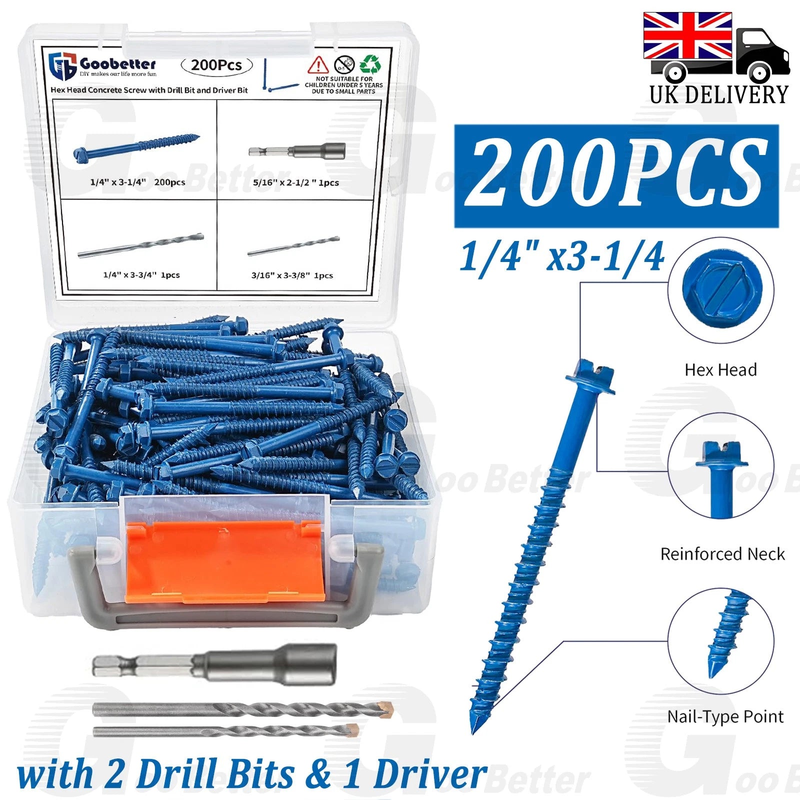 200pcs Concrete Screws Masonry Brick Tapscrews Hex Multi Drive Head Blue Tapcon