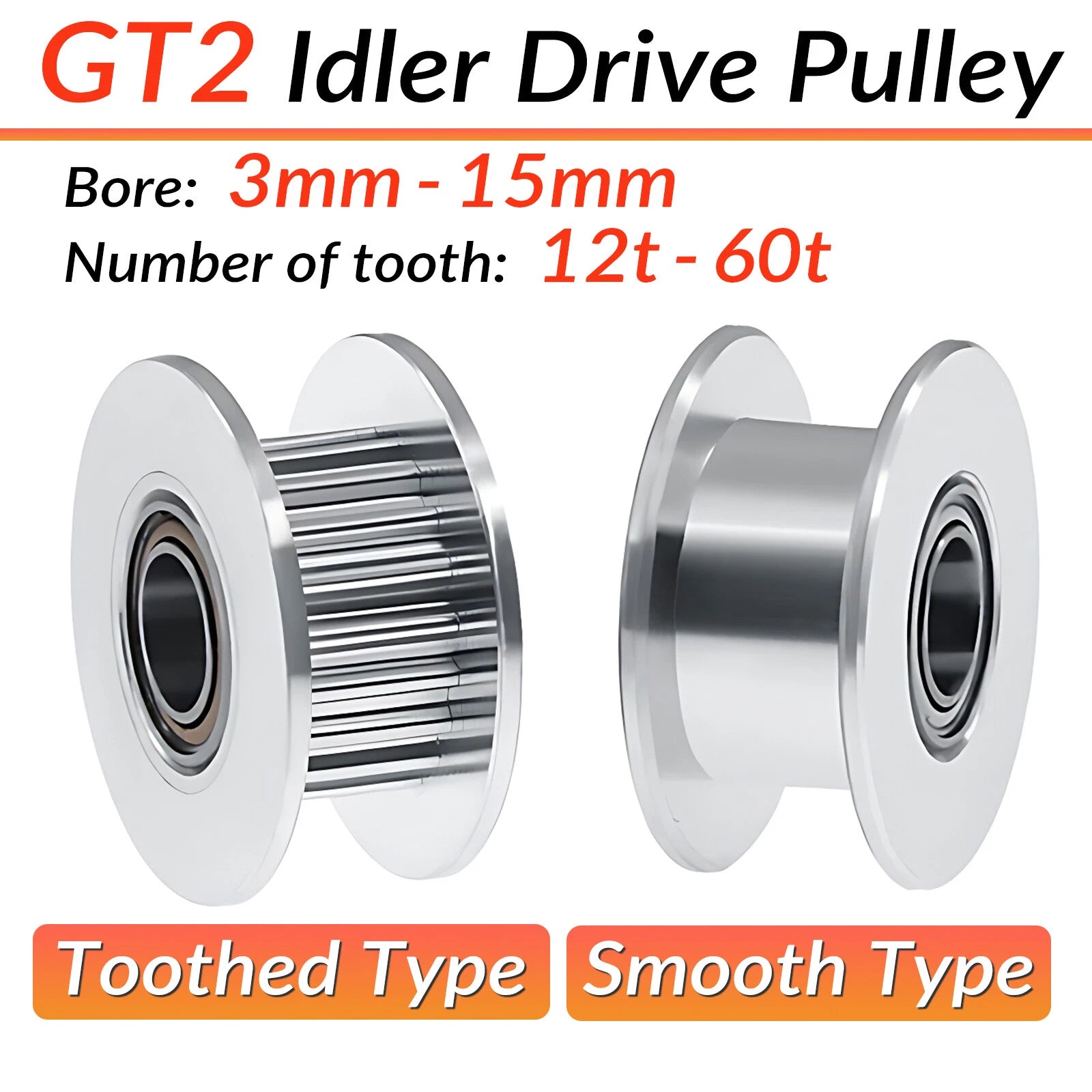 GT2 6mm/10mm Timing Belt Smooth/Toothed Tooth Idler Drive Pulley 12-60 Bore 3-15