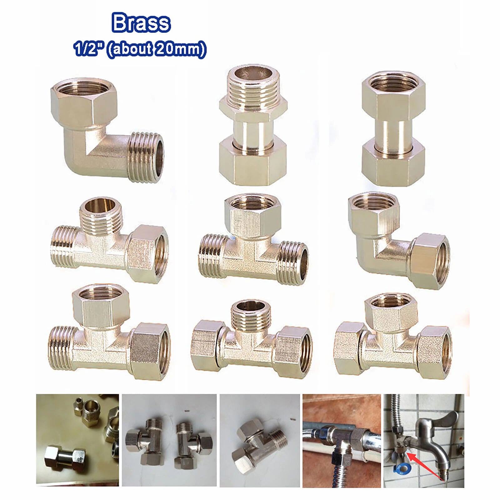 BSP 1/2" Brass Compression Pipe Fittings — Union, Elbow & Tee Connector