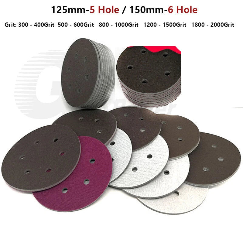 125/150mm Sponge Discs Sanding Orbital Sandpaper Hook Loop 300-2000 Grit For Car