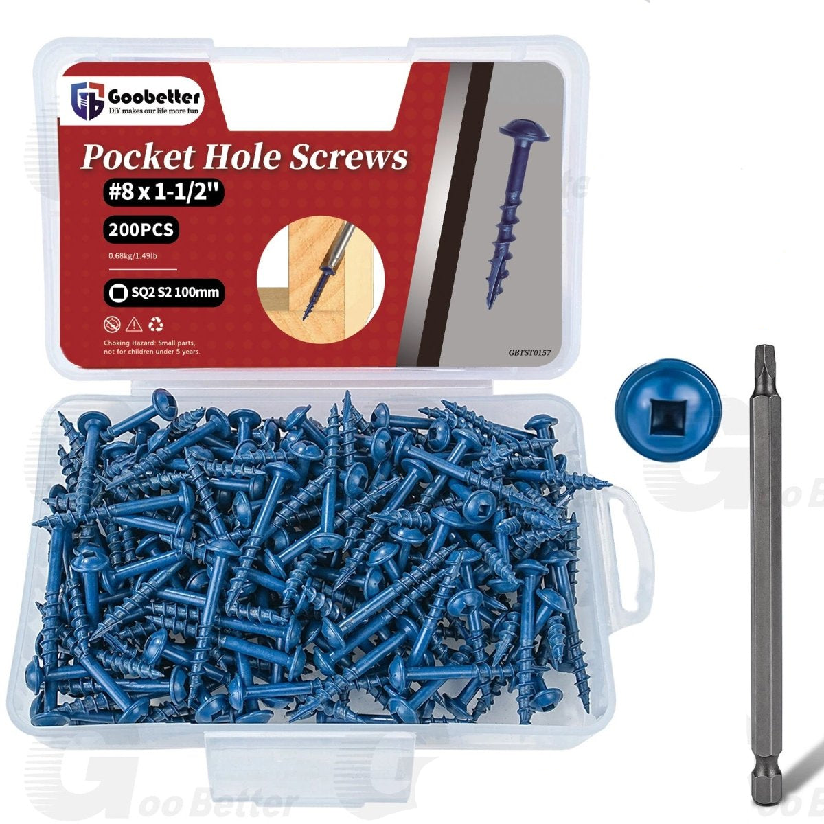 8 Pocket Hole Screws Exterior Pocket Screw Coarse Thread Square Drive Washer Head Blue Coated With 100MM Drive Bit - HomeDIYer