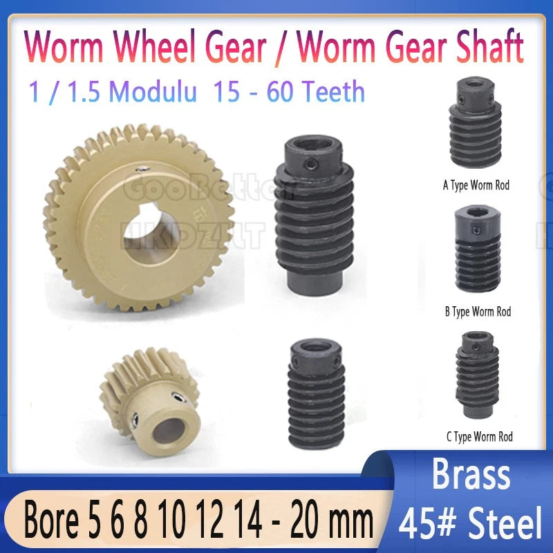 Module 1 1.5 Worm Gear Wheel Brass 15-20-25 - 60 Tooth Worm Shaft 45# Steel