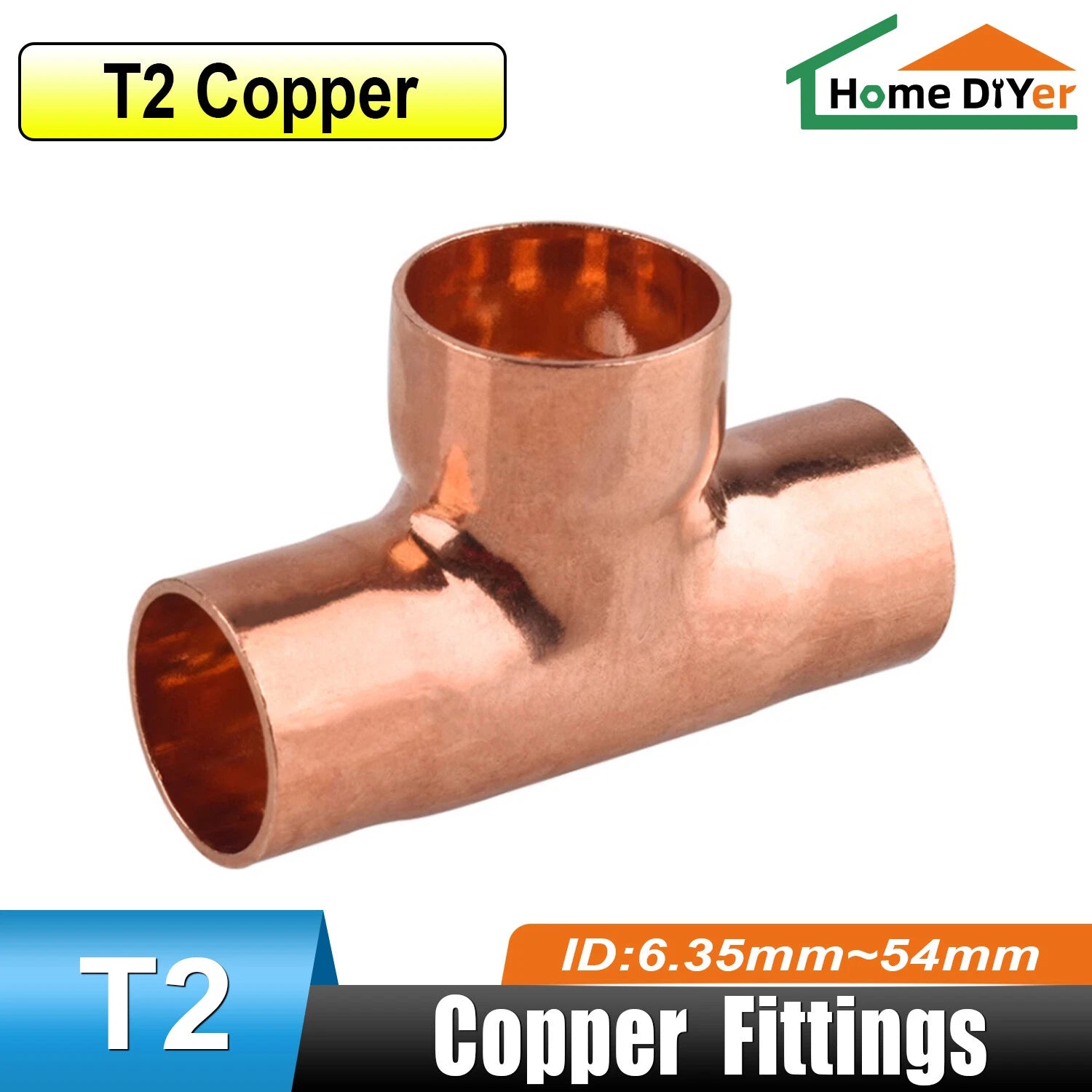 Copper End Feed Tee Fitting — Equal & Reducing T-Type, ID 6.35mm–67mm