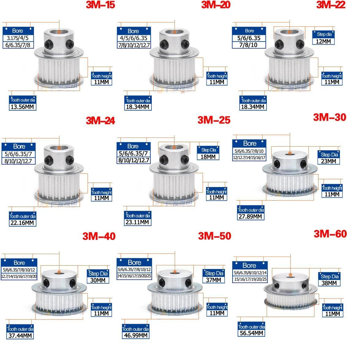 3M 15T-60T Timing Belt Pulley Synchronous Wheel Sprockets For 10mm Width Belt
