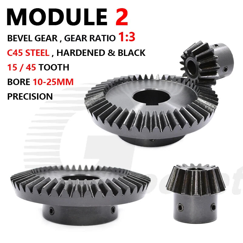Mod 2 Bevel Gear C45 Steel 1:3 Ratio 15 | 45 Tooth 10mm-24mm Bore Hardened Black
