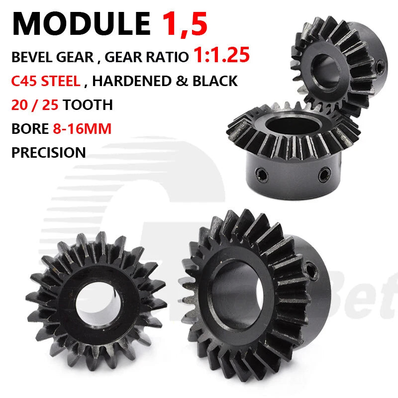 Mod 1.5 Bevel Gear C45 Steel 1:1.25 Ratio 20/25 Tooth 8-16mm Bore Hardened Black