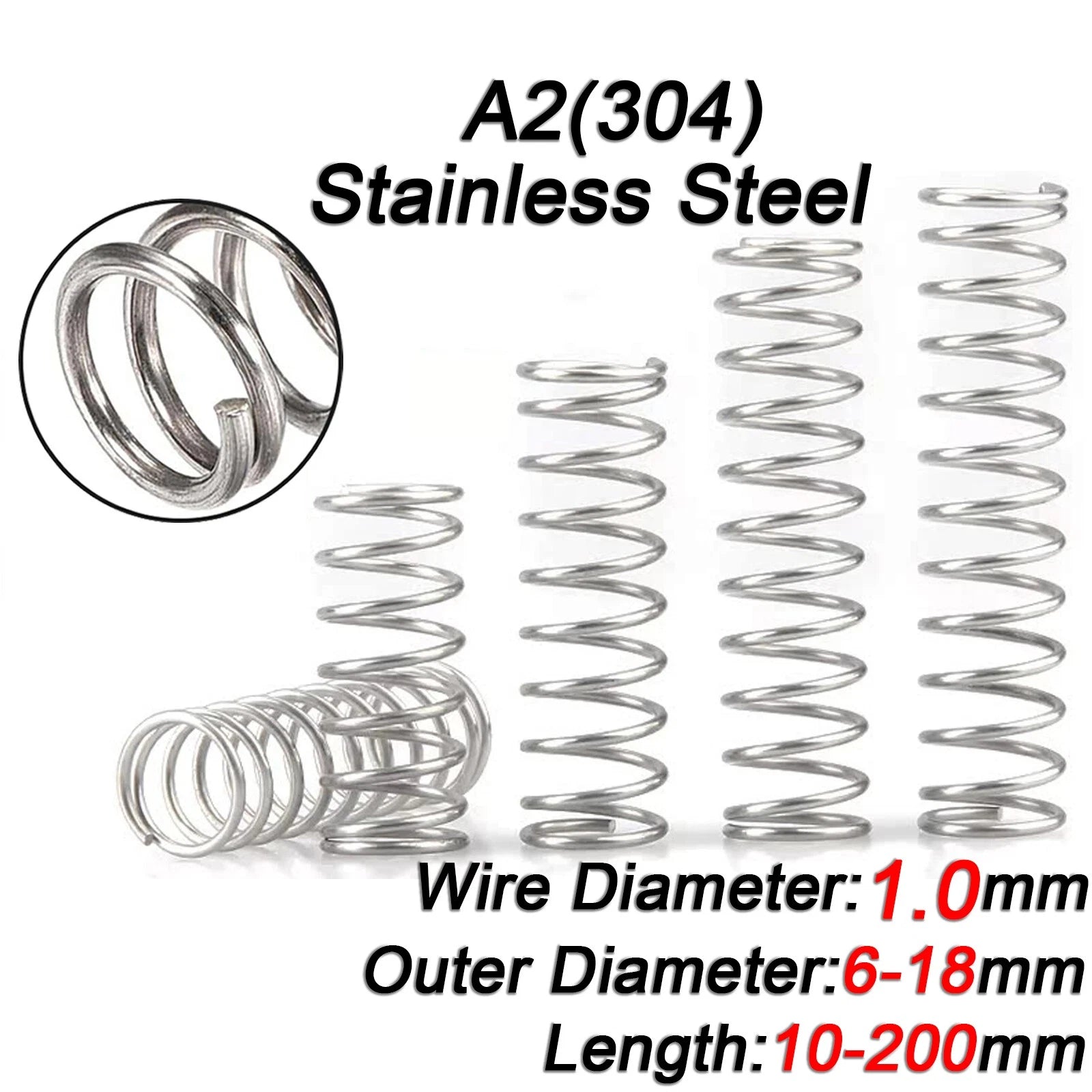 Compression Spring 1.0mm 304 Stainless Steel Length 10 to 200mm Pressure Springs
