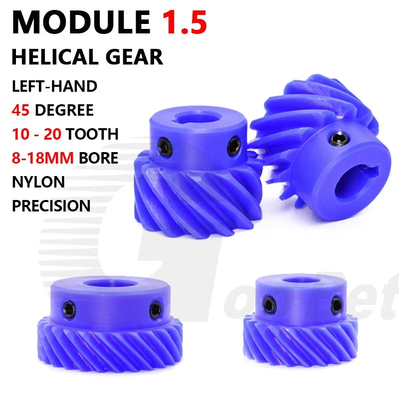 Module 1.5 Helical Gear 45° Left-hand 10-20 Tooth Pinion Bore 8-18mm Nylon Blue