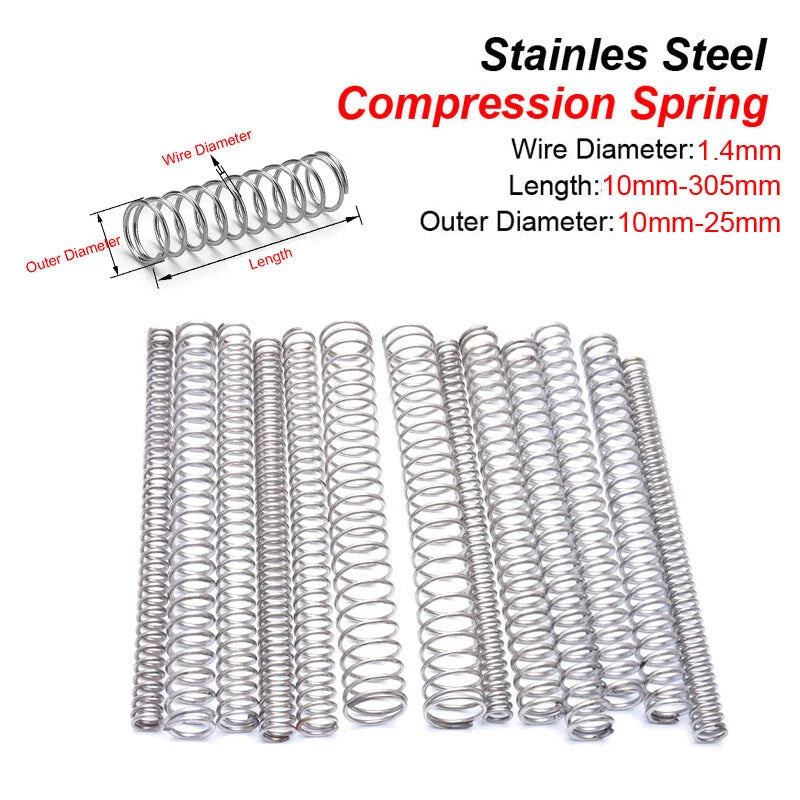1.4mm Wire Dia Compression Spring Stainle Steel 10-25mm Diameter 10-305mm Length