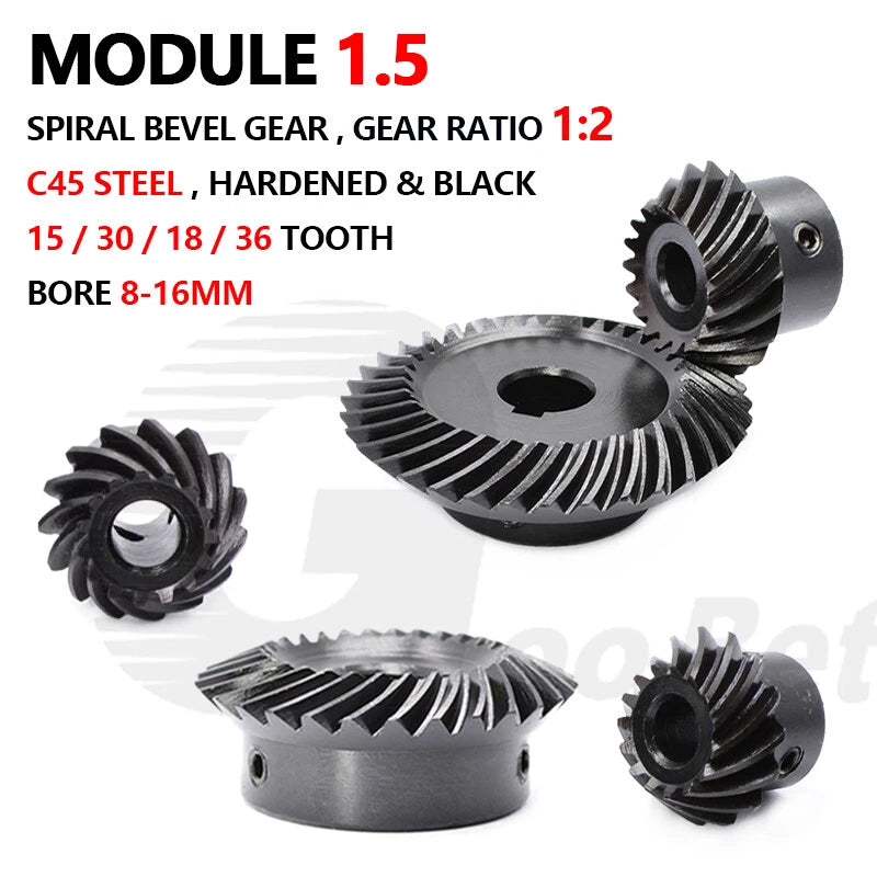 Spiral Bevel Gear C45 Steel Mod 1.5 Ratio 1:2 15 30 18 36 Tooth Hardened Black