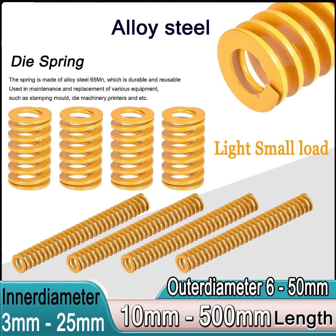 Yellow Lightest Load Compression Die Spring 30 - 50mm Diameter & Up To 500mm Long - HomeDIYer