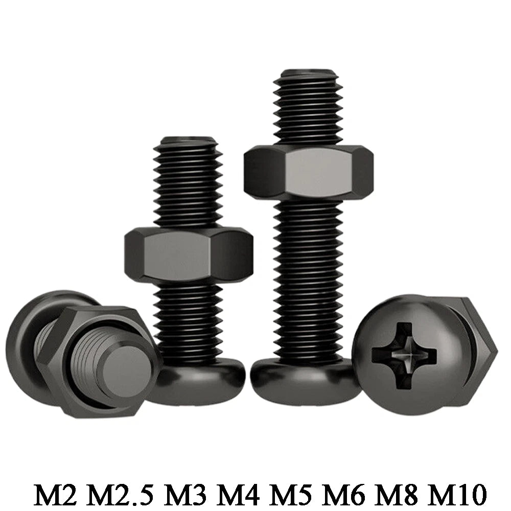 Black Pan Head Phillips Machine Screws + Hex Nuts Set – A2 Stainless Steel, M2 to M10