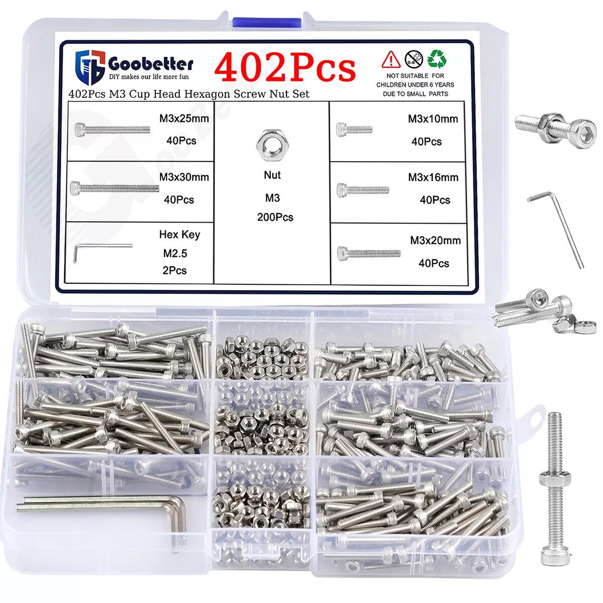 402PCS M3 Socket Cap Head Screws Stainless Steel Allen Bolts Nuts Assortment Set - HomeDIYer