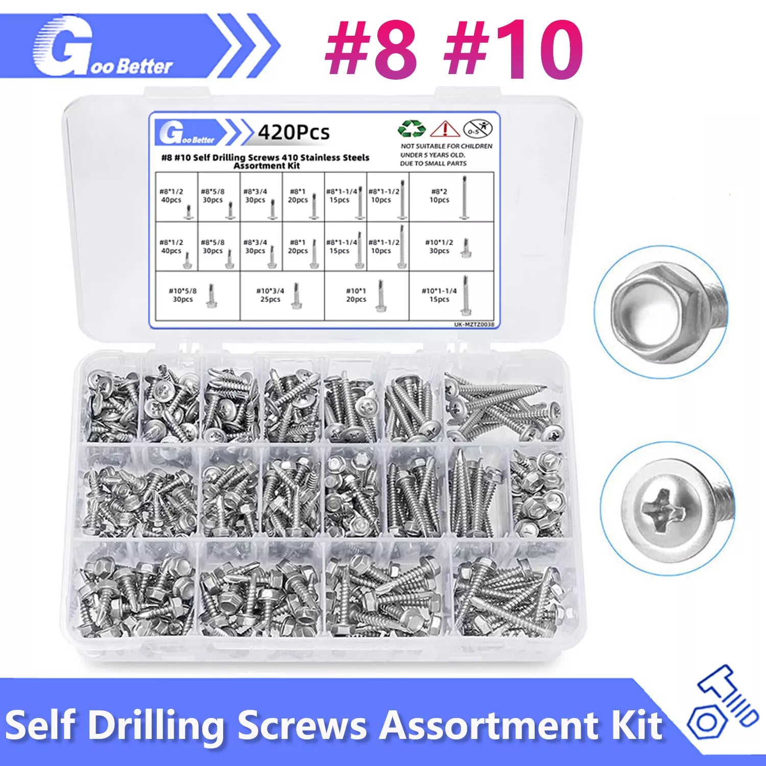420 Pcs #8 #10 Self Drilling Screws 410 stainless steels Assortment Kit