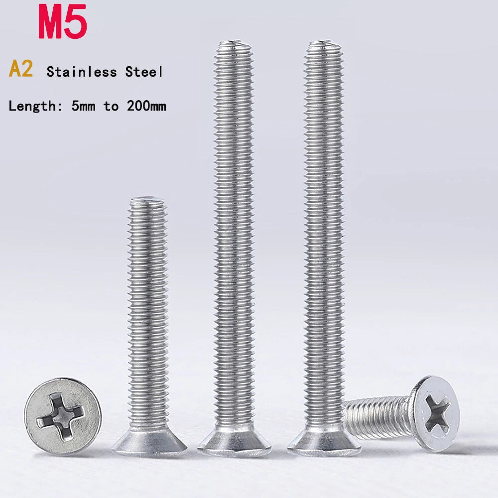 A2 Stainless Steel M5 Countersunk Flat Head Phillips Machine Screws DIN 965 — 6mm to 200mm