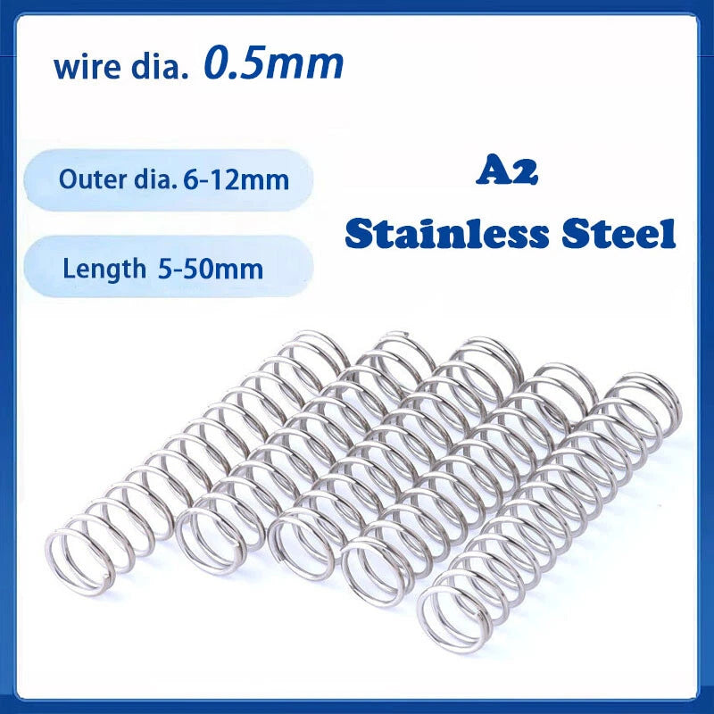 Compression Spring 0.5mm Wire Dia 6-12mm Dia A2 Stainless Steel 5-50mm Length