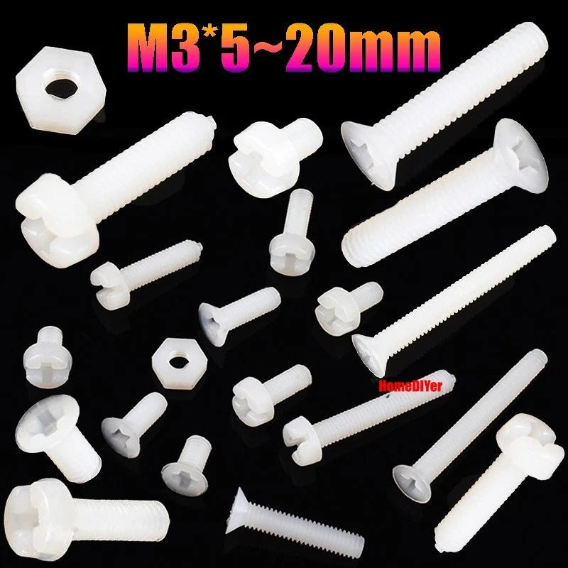 White Nylon Phillips Machine Screws M3 Round & Flat Head 5–20mm with M3 Nuts - HomeDIYer