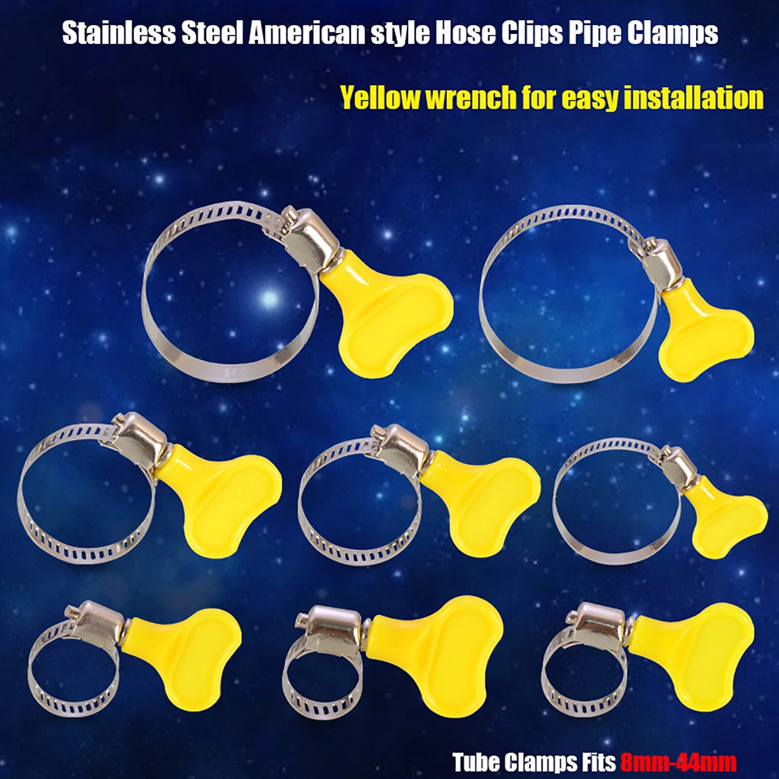 Stainless Steel Adjustable Clip Pipe Tube Clamps Fits 8-44mm Dia Hose + Wrench