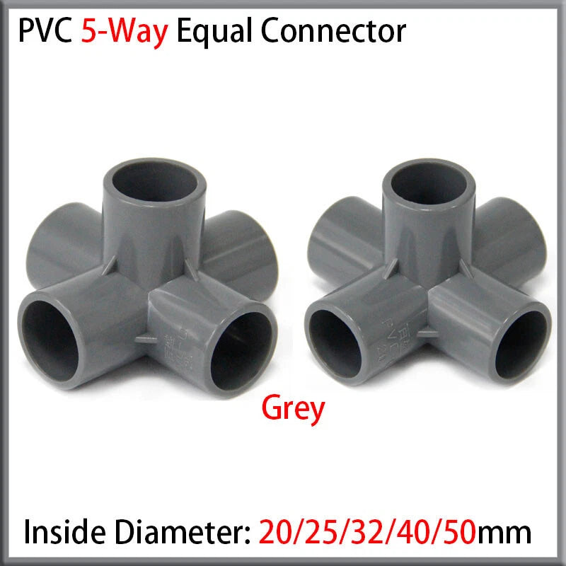 Grey PVC 5-Way Equal Connector Socket Pressure Pipe Fittings 20 25 32 40 50mm