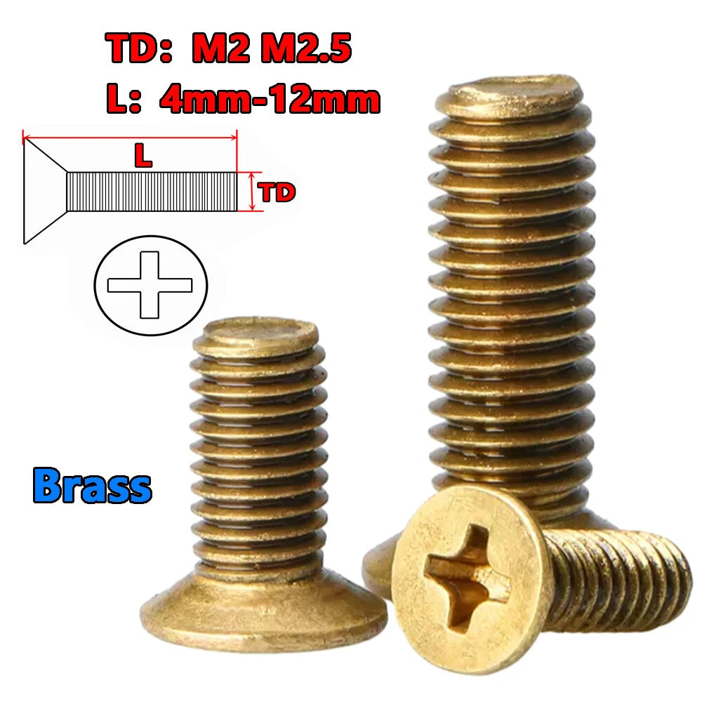 M2 M2.5 Brass Countersunk Phillips Machine Screws – Flat Head, 4mm to 12mm Lengths