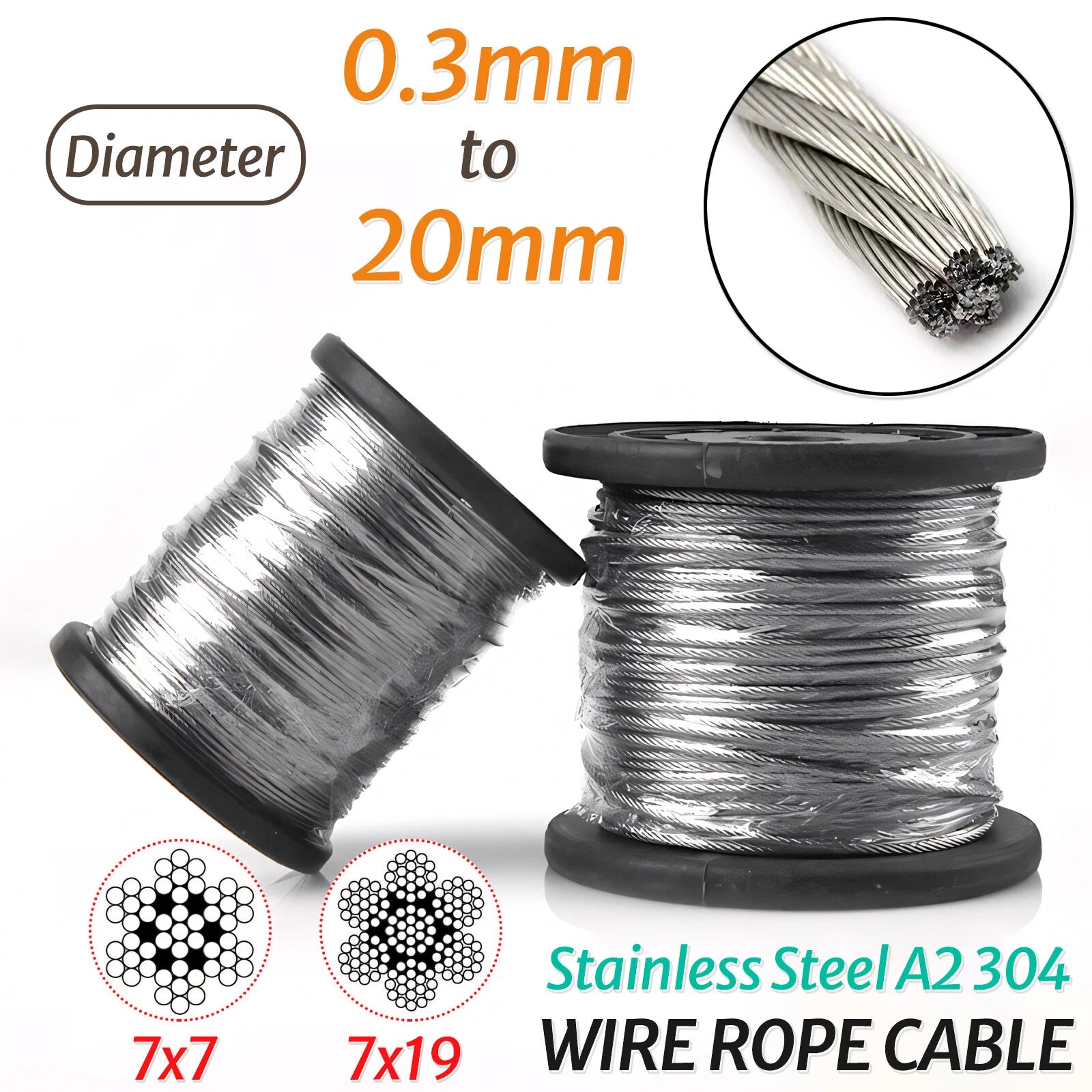 304 A2 Stainless Steel Wire Rope 0.3mm-20mm LIFTING METAL CABLE 7x7-7x19
