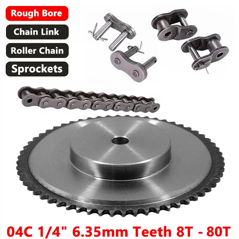 8T-50T Roller Chain Sprockets B-Type 04C 1/4" Pitch 6.35mm Chain Link 45# Steel