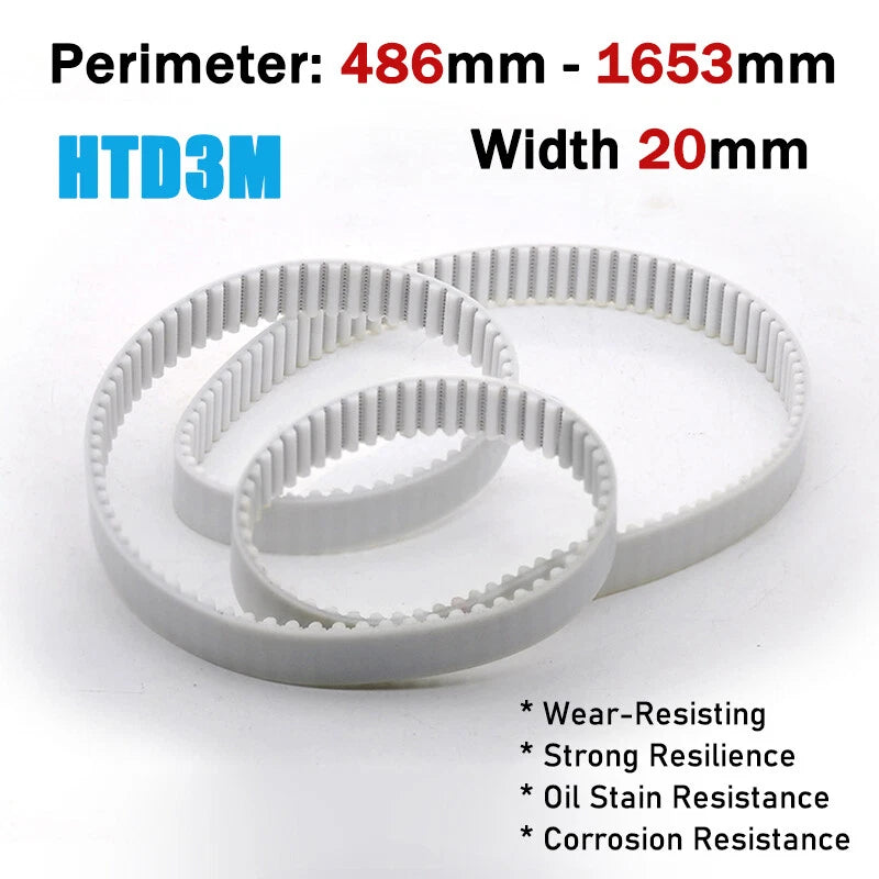 HTD3M Closed Loop Timing Belt 20mm Wide – PU Steel Wire Reinforced, 486mm–1653mm