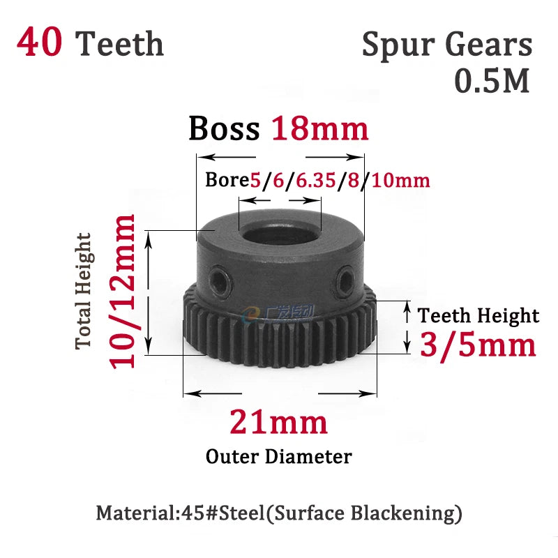 0.5 Mod 40T Spur Gears Steel Pinion Gears Metal Spur Transmission Gear 45 Steel