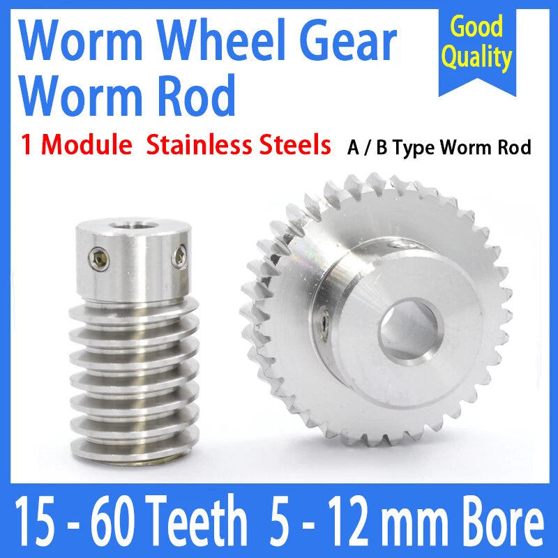 1 Module 15T to 60T Gear Stainless Steels Worm Wheel Gear & Worm Gear Shaft