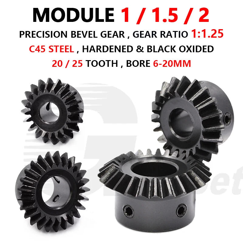 Mod 1 1.5 2 Bevel Gear C45 Steel Ratio 1:1.25 20 Tooth 25 Tooth Hardened Black