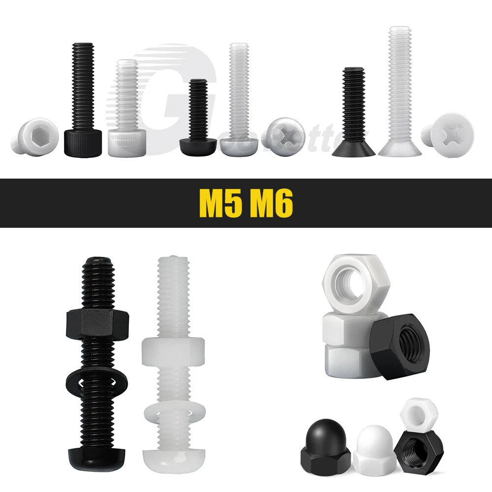 M5 M6 Nylon Screws & Nuts Set – Pan/Flat/Socket Cap Heads + Hex Nuts & Cap Nuts (PA66)
