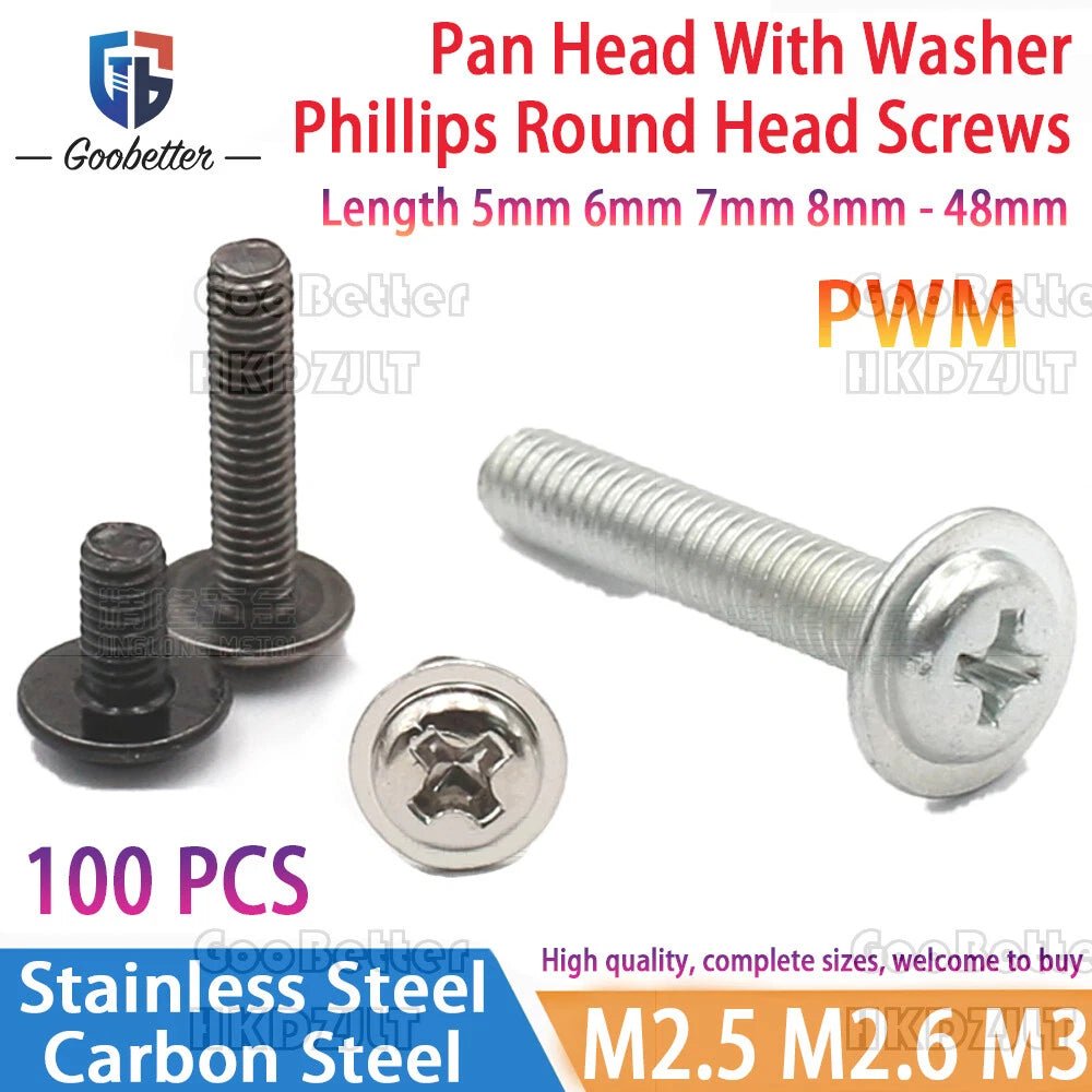 M2.5 / M2.6 / M3 Pan Head Phillips Machine Screws with Integrated Washer — Carbon Steel & Stainless, Multi - Finish - HomeDIYer