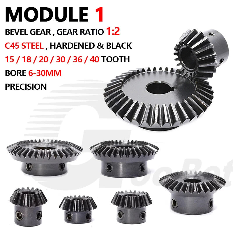 Mod 1 Bevel Gear C45 Steel 1:2 Ratio 15 18 20 30 36 40 Tooth 90° Hardened Black