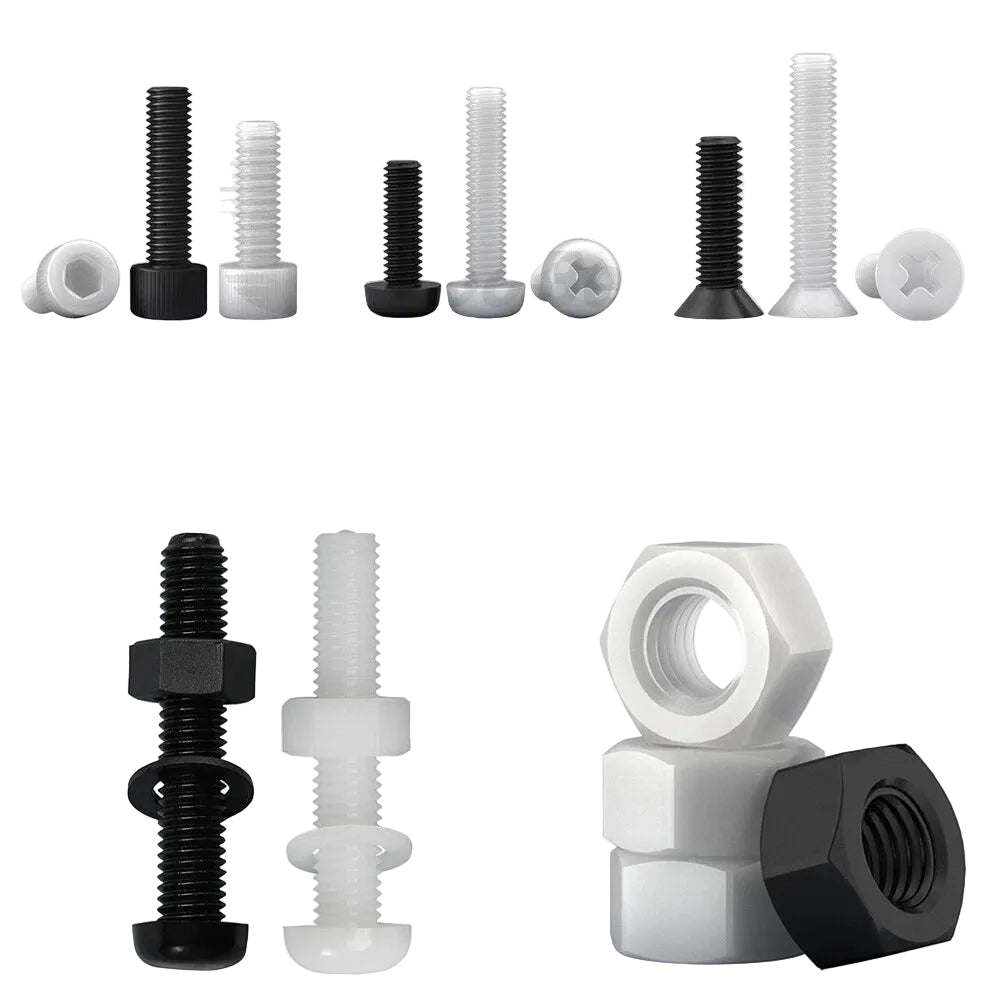 Nylon Machine Screws M2-M4 | Pan, Flat & Socket Cap Head + Hex Nut, Cap Nut Kit